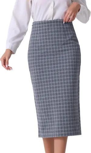 Allegra K Women's Plaid Pencil Skirt High Waist Vintage Zipper Back Split Work Bodycon Midi Skirts