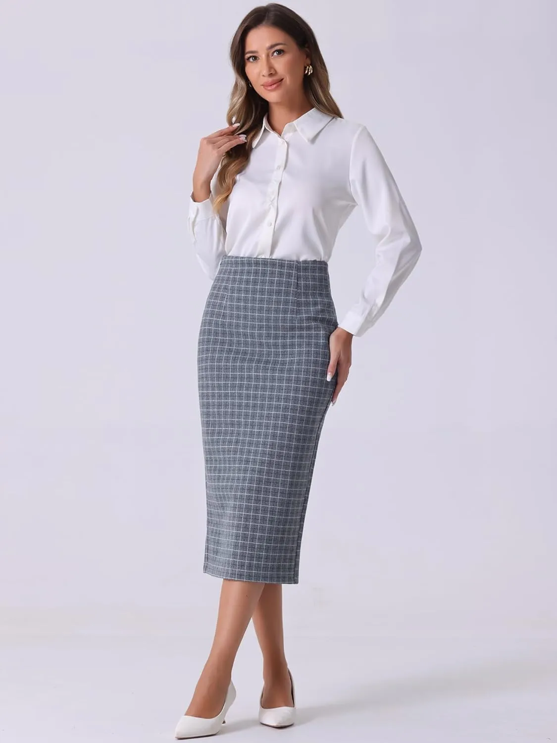Allegra K Women's Plaid Pencil Skirt High Waist Vintage Zipper Back Split Work Bodycon Midi Skirts