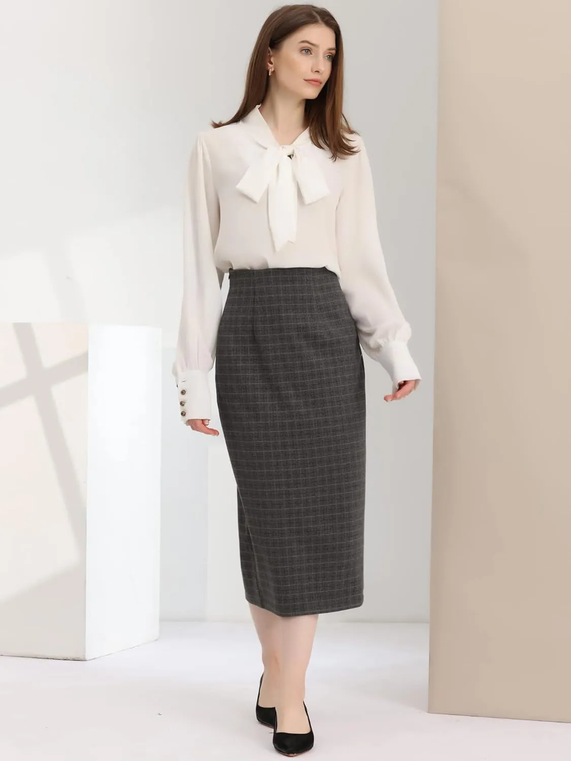Allegra K Women's Plaid Pencil Skirt High Waist Vintage Zipper Back Split Work Bodycon Midi Skirts