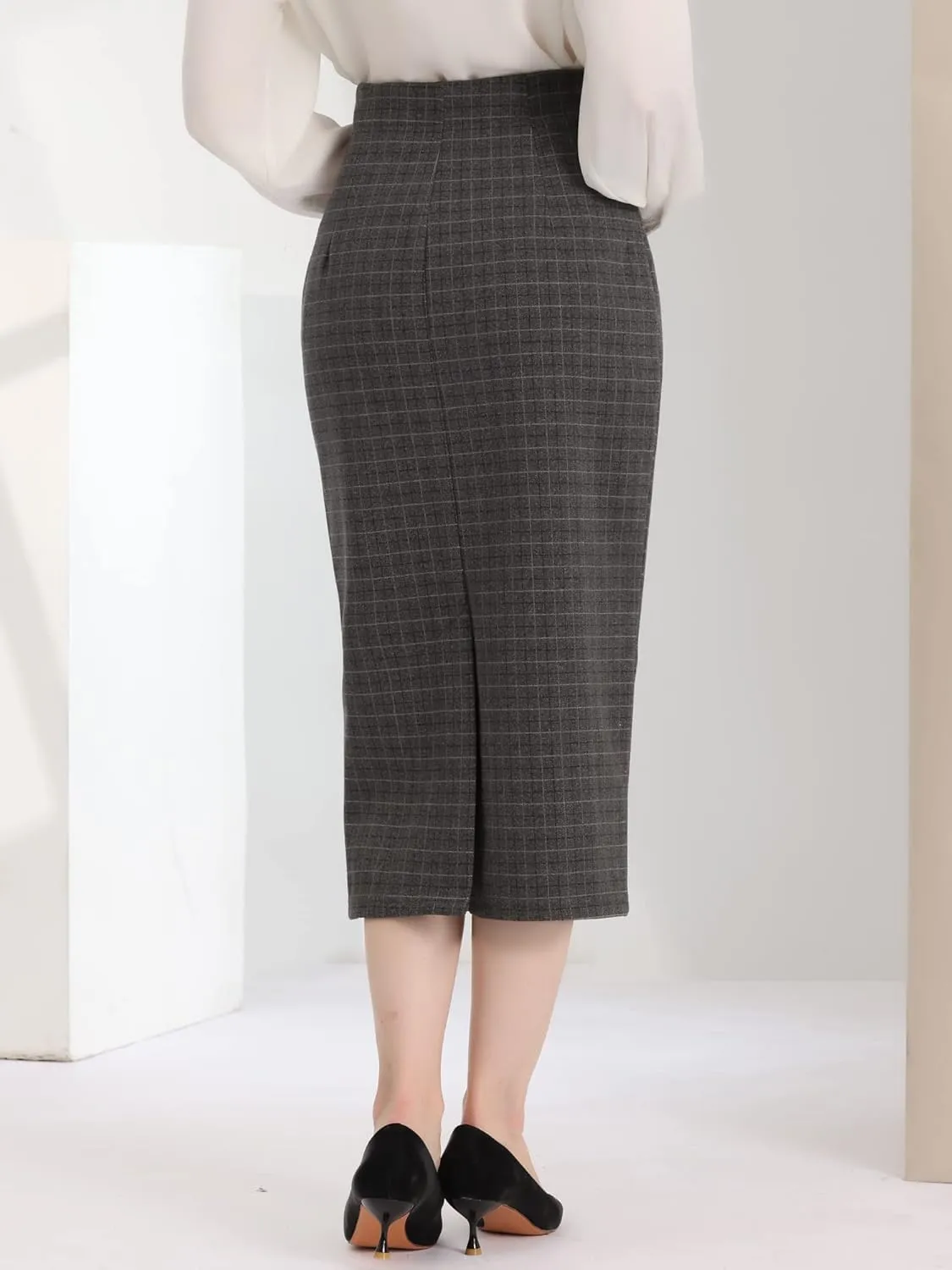 Allegra K Women's Plaid Pencil Skirt High Waist Vintage Zipper Back Split Work Bodycon Midi Skirts