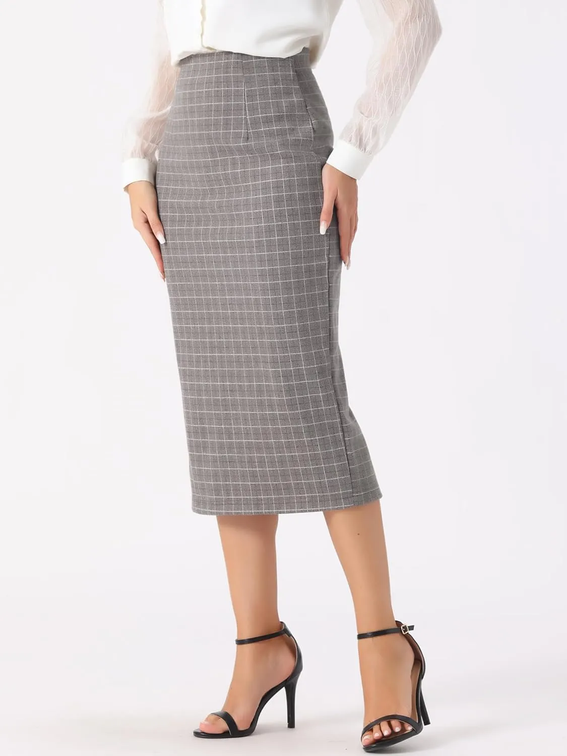Allegra K Women's Plaid Pencil Skirt High Waist Vintage Zipper Back Split Work Bodycon Midi Skirts