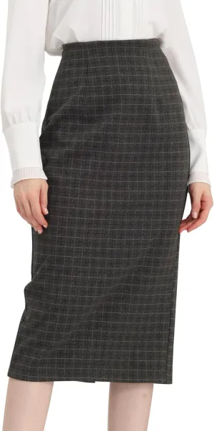 Allegra K Women's Plaid Pencil Skirt High Waist Vintage Zipper Back Split Work Bodycon Midi Skirts