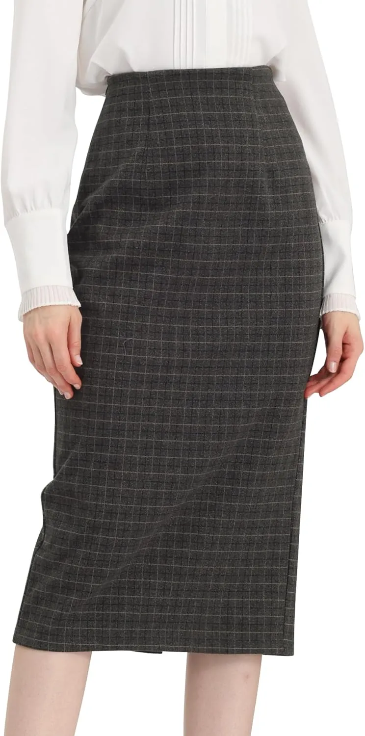 Allegra K Women's Plaid Pencil Skirt High Waist Vintage Zipper Back Split Work Bodycon Midi Skirts