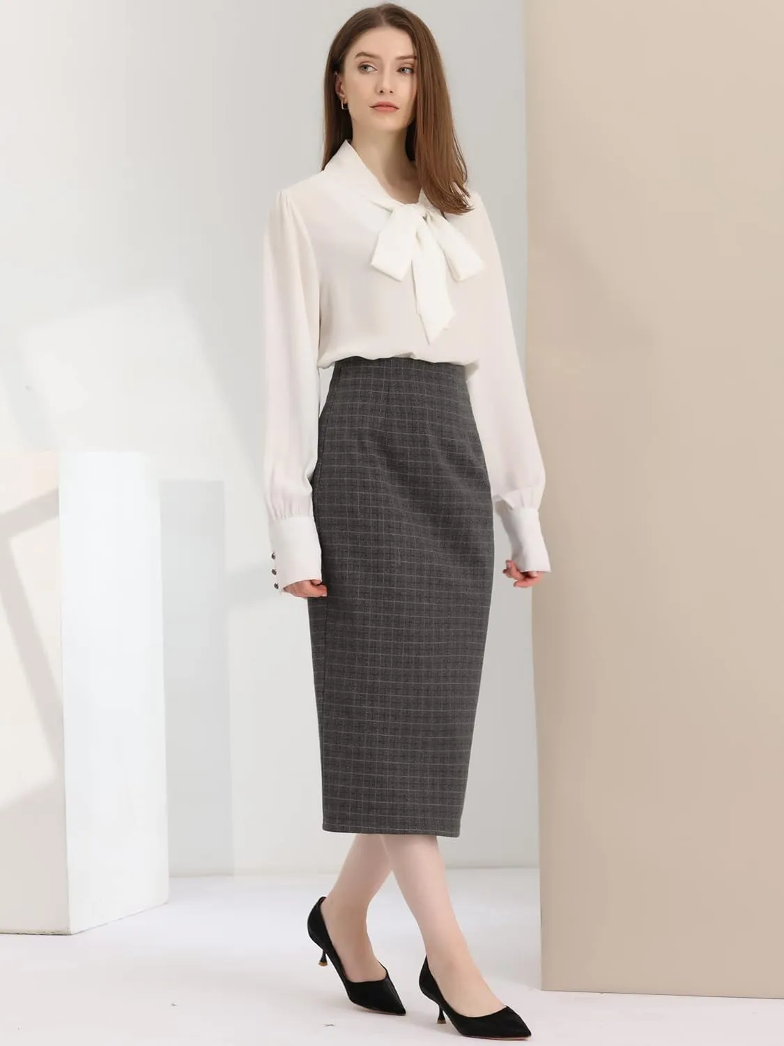 Allegra K Women's Plaid Pencil Skirt High Waist Vintage Zipper Back Split Work Bodycon Midi Skirts