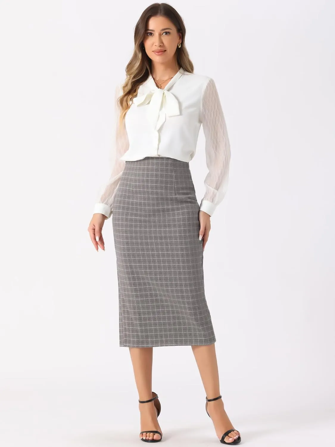 Allegra K Women's Plaid Pencil Skirt High Waist Vintage Zipper Back Split Work Bodycon Midi Skirts
