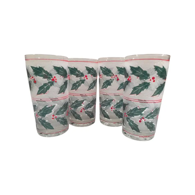 Culver Signed Mid-Century Frosted Holly and Berry Glasses (Set of 4)