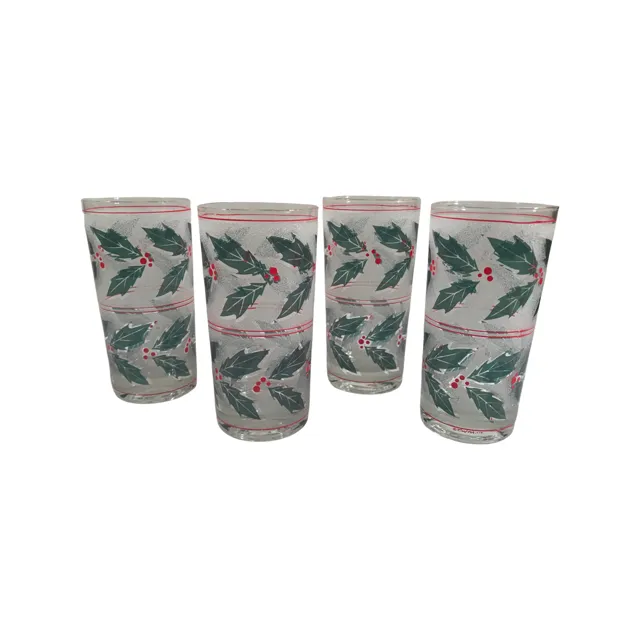 Culver Signed Mid-Century Frosted Holly and Berry Glasses (Set of 4)