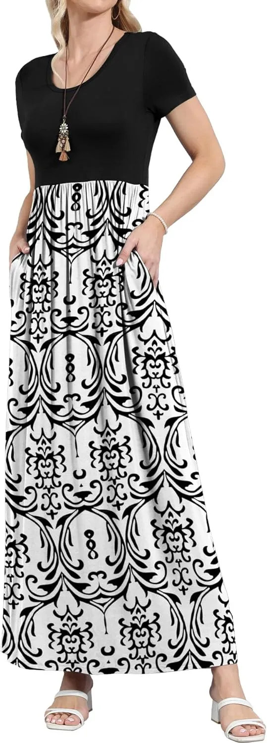 EUOVMY Women's Short Sleeve Loose Plain Maxi Dresses Casual Vacation Long Dresses with Pockets