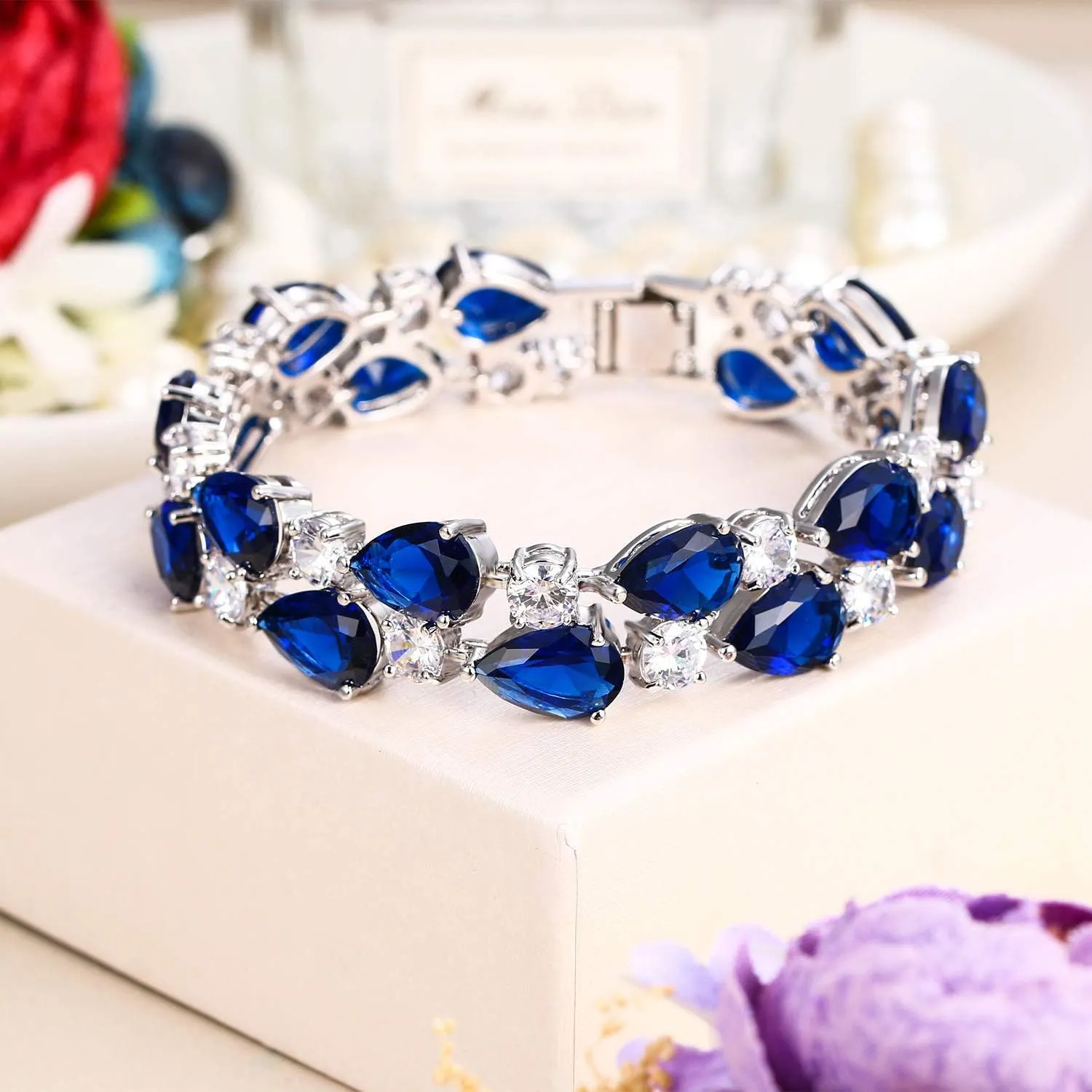 EVER FAITH Women's Prong Cubic Zirconia Vintage Style Dual Layer Tear Drop Bracelet