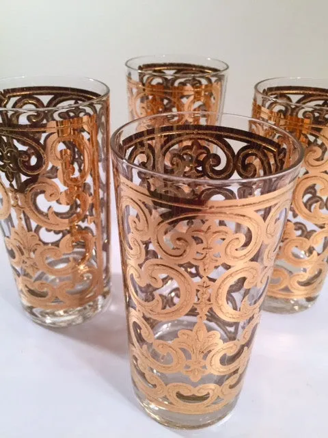 Georges Briard - Signed Mid-Century 22-Karat Gold Fleur-De-Lis Highball Glasses (Set of 4)