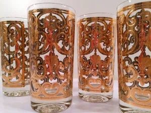 Georges Briard - Signed Mid-Century 22-Karat Gold Fleur-De-Lis Highball Glasses (Set of 4)