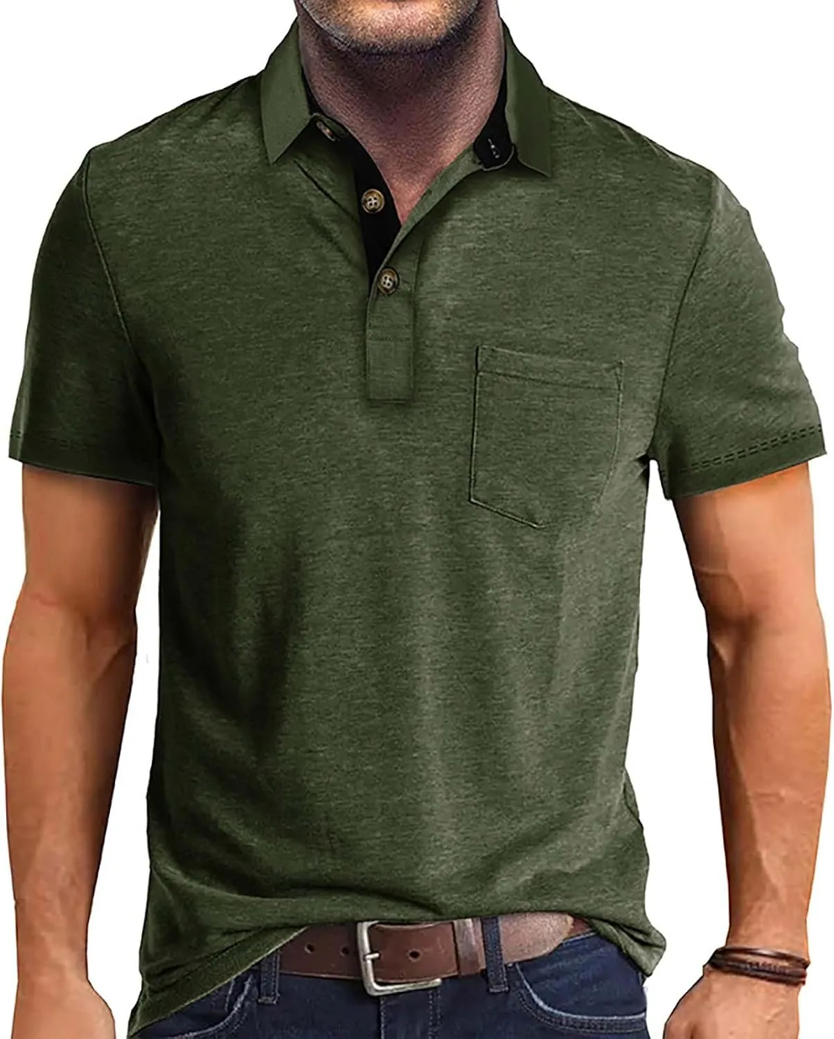 HXHYQKP Men's Polo Shirts Summer Short Sleeve Casual 3 Button T-Shirts Classic Basic Golf Work Tees Tops with Pocket