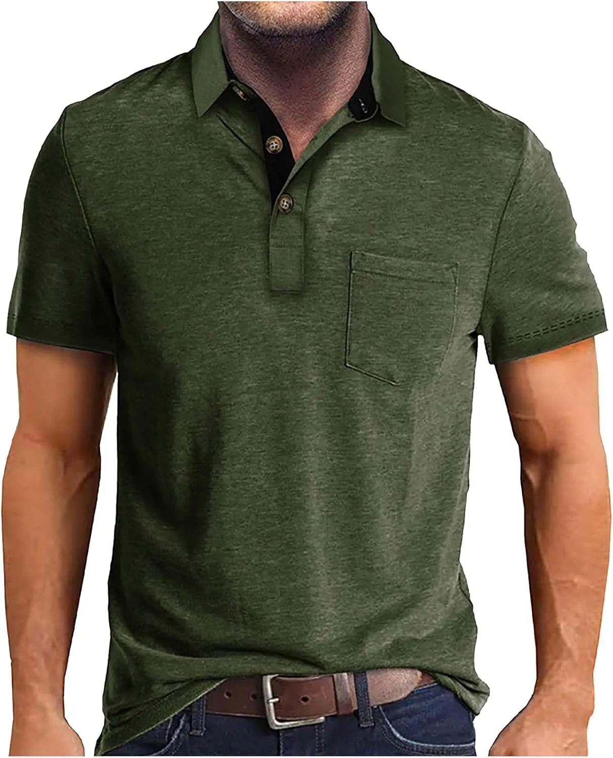 HXHYQKP Men's Polo Shirts Summer Short Sleeve Casual 3 Button T-Shirts Classic Basic Golf Work Tees Tops with Pocket