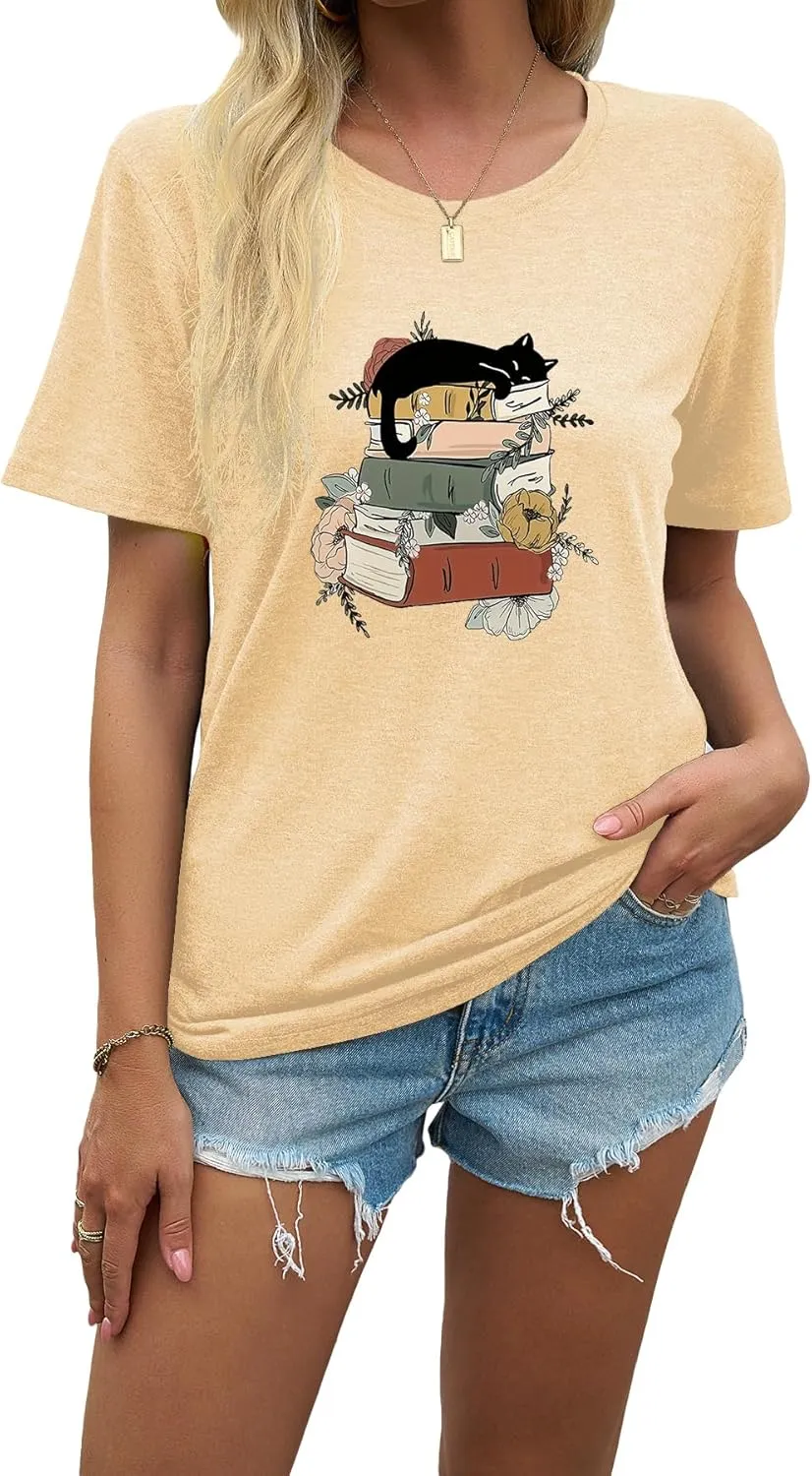 J&DHUASHA Women's Cat Shirt Funny Cat Book Floral Graphic Tshirt Casual Short Sleeve Tee Top