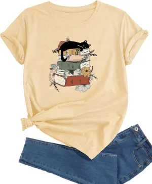 J&DHUASHA Women's Cat Shirt Funny Cat Book Floral Graphic Tshirt Casual Short Sleeve Tee Top