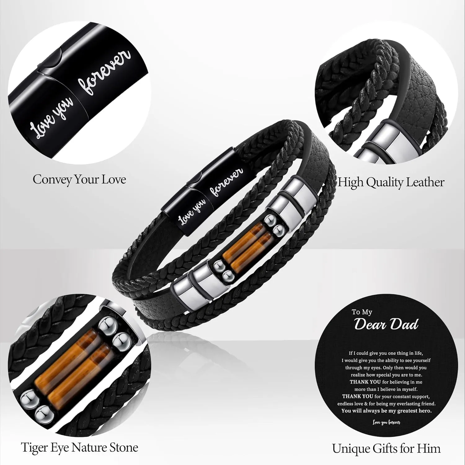 JSJOY Leather Bracelet for Men With Tiger Eye Cool Birthday Gifts for Dad Son I Love You Gifts for Him Husband Anniversary Jewelry Love You forever Bracelets