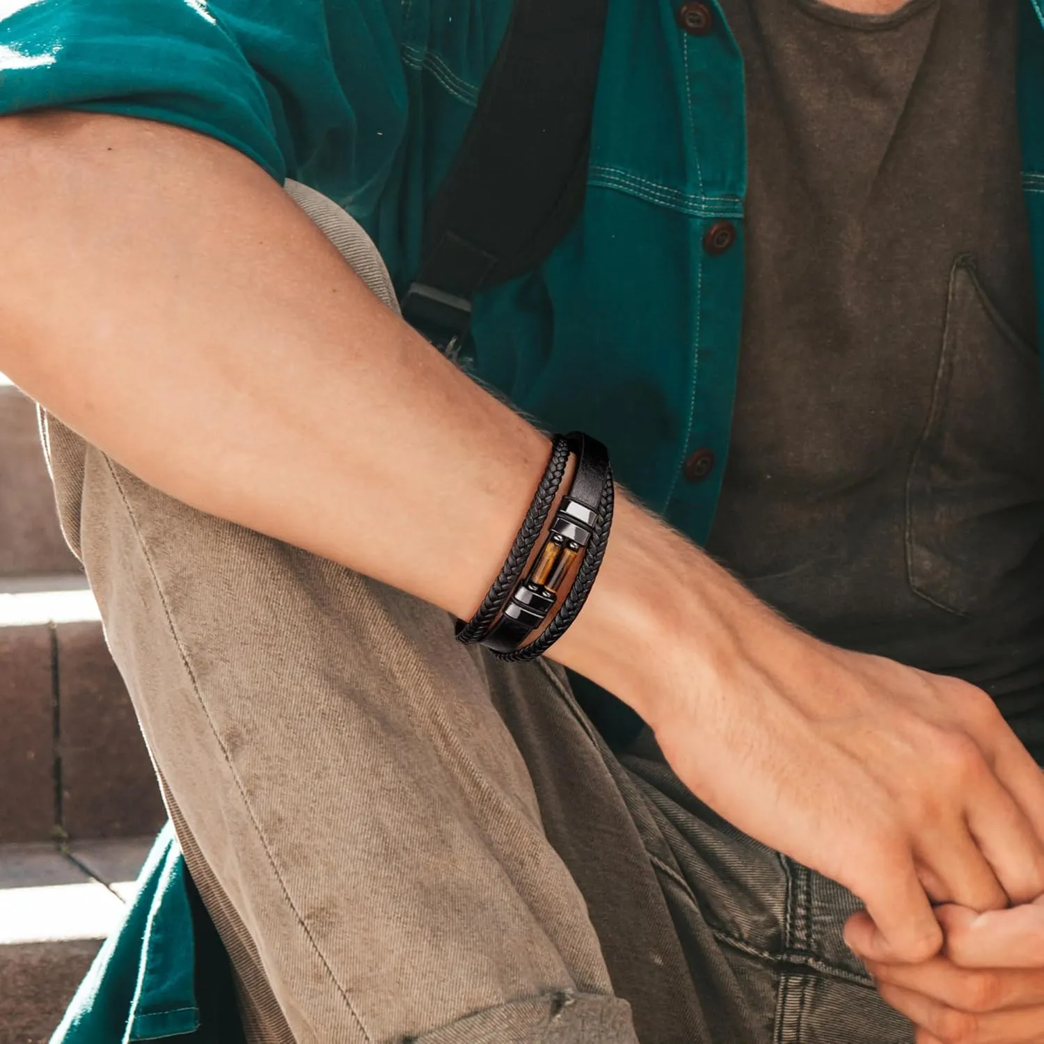 JSJOY Leather Bracelet for Men With Tiger Eye Cool Birthday Gifts for Dad Son I Love You Gifts for Him Husband Anniversary Jewelry Love You forever Bracelets