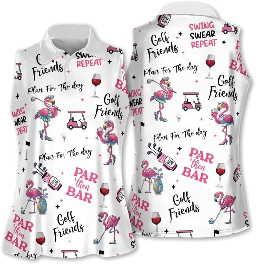 LASFOUR Personalized Funny Golf Shirts for Women Sleeveless. Funny Ladies Golf Shirts, Flamingo Golf Shirt Women