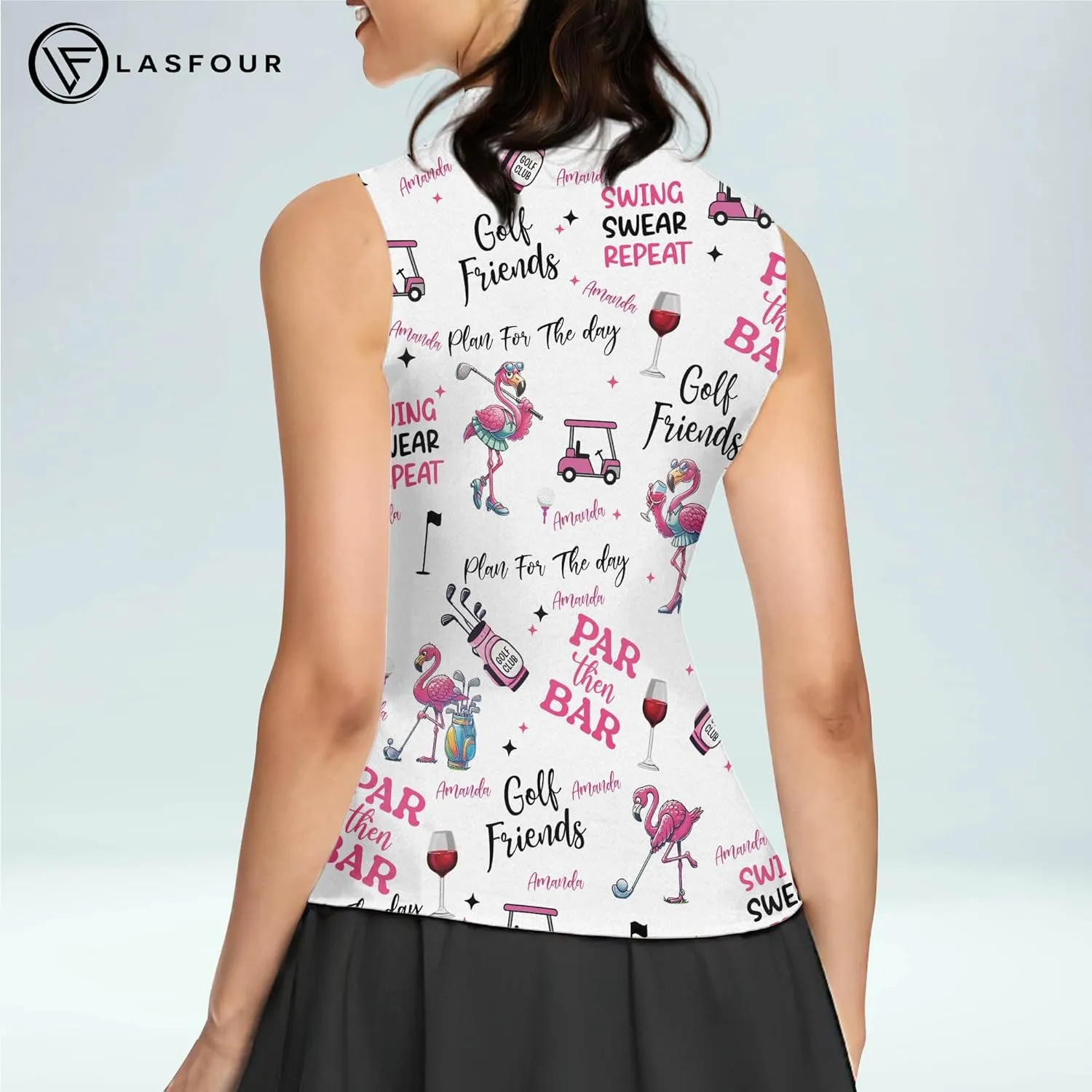 LASFOUR Personalized Funny Golf Shirts for Women Sleeveless. Funny Ladies Golf Shirts, Flamingo Golf Shirt Women