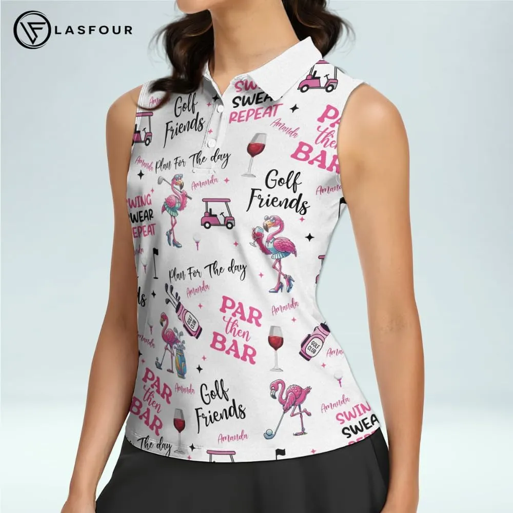 LASFOUR Personalized Funny Golf Shirts for Women Sleeveless. Funny Ladies Golf Shirts, Flamingo Golf Shirt Women
