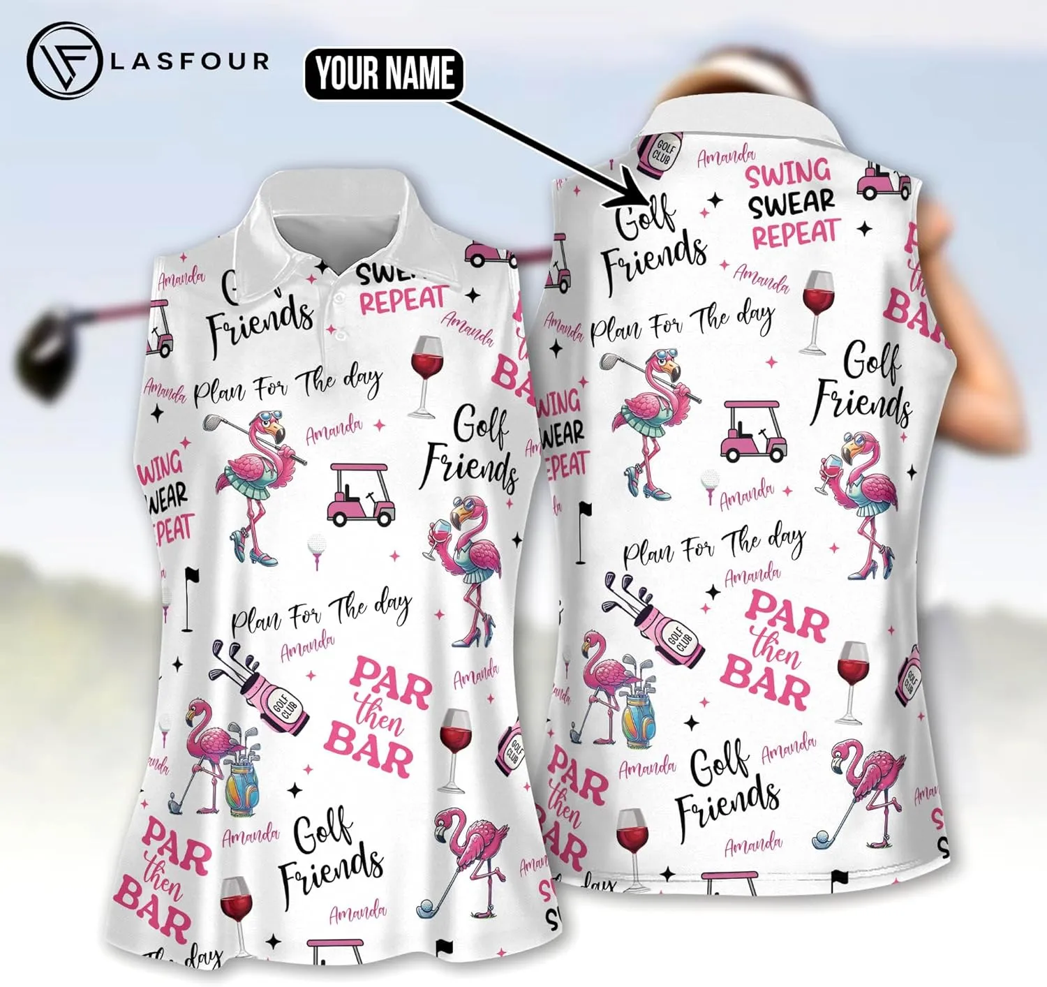 LASFOUR Personalized Funny Golf Shirts for Women Sleeveless. Funny Ladies Golf Shirts, Flamingo Golf Shirt Women