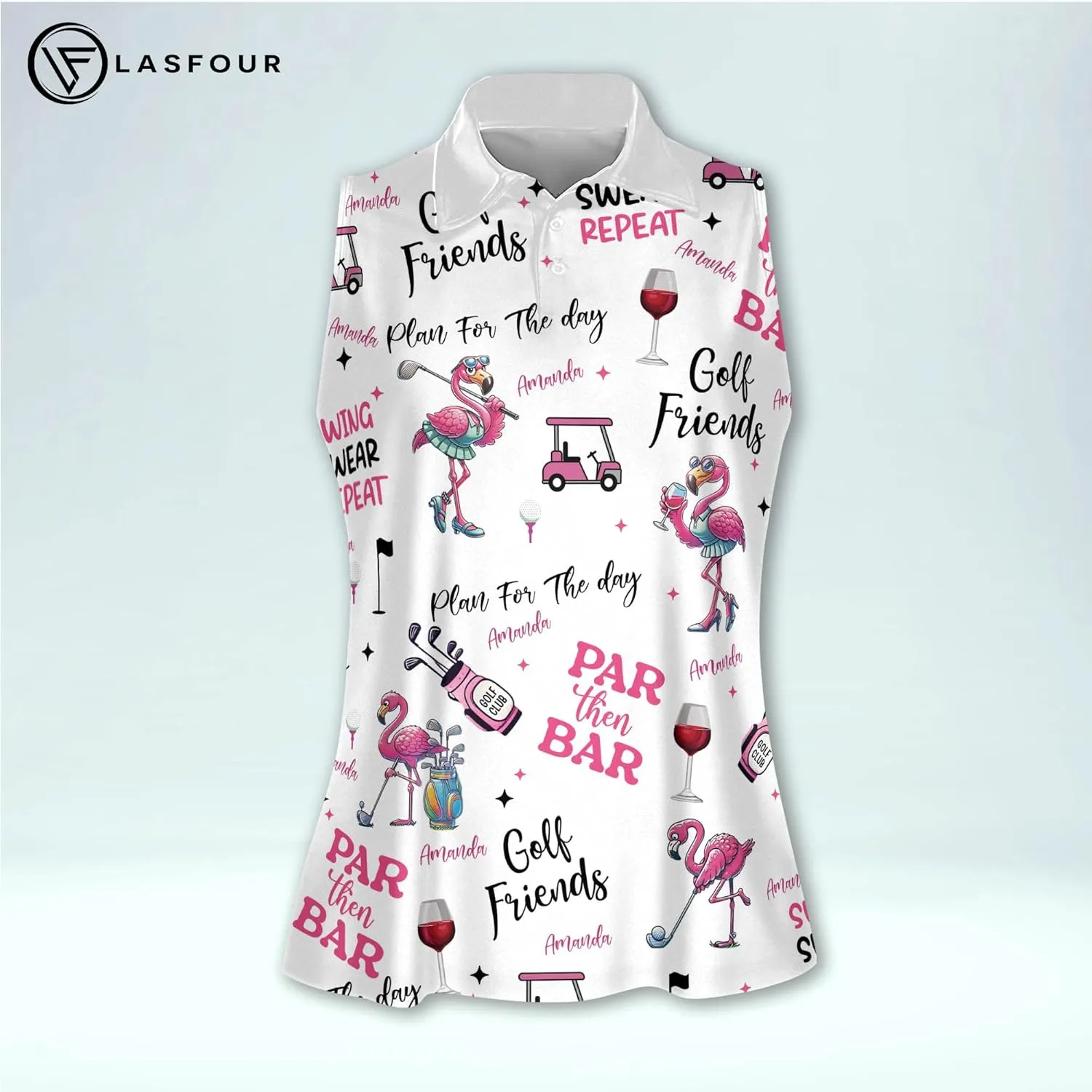 LASFOUR Personalized Funny Golf Shirts for Women Sleeveless. Funny Ladies Golf Shirts, Flamingo Golf Shirt Women