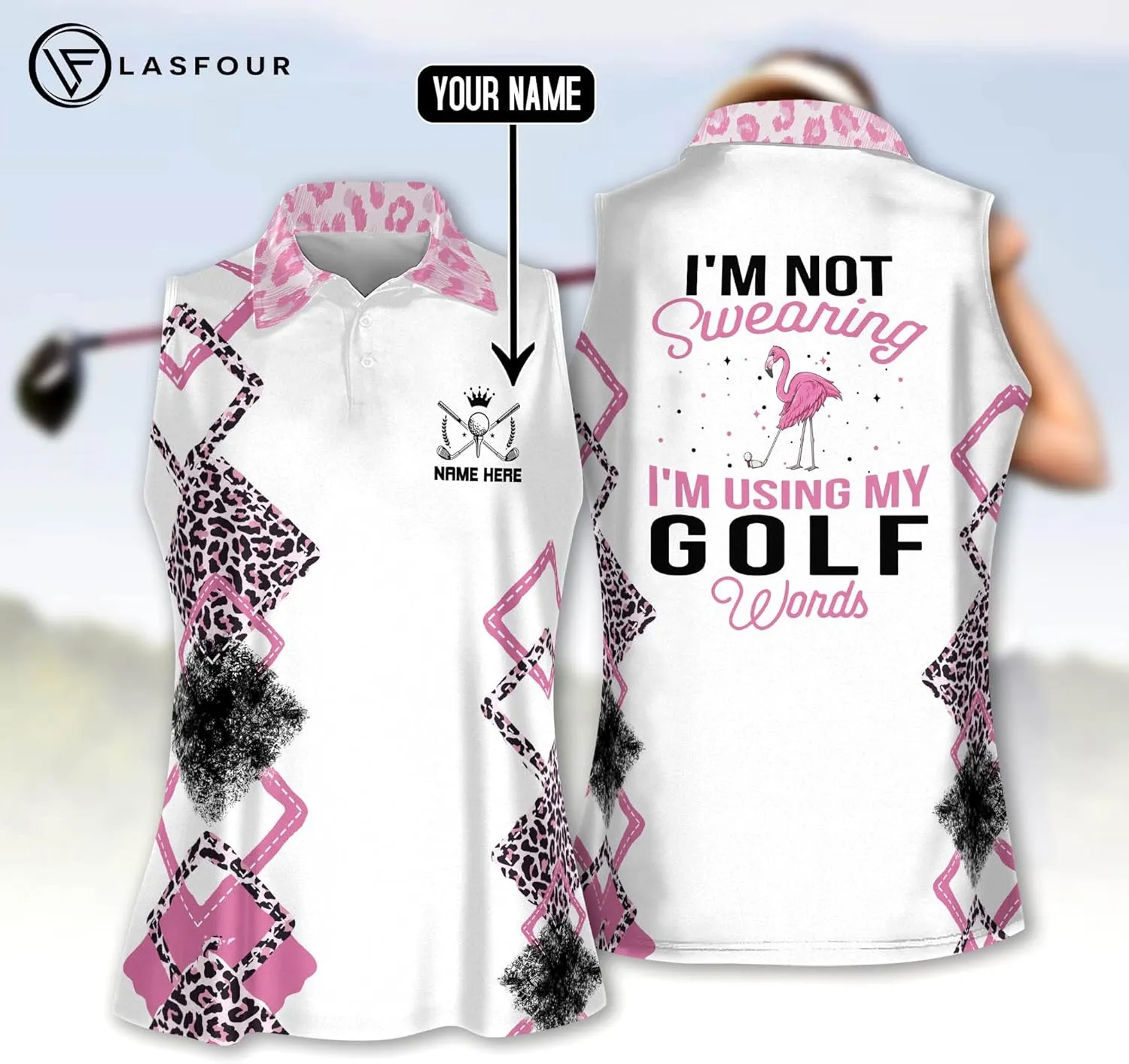 LASFOUR Personalized Funny Golf Shirts for Women Sleeveless. Funny Ladies Golf Shirts, Flamingo Golf Shirt Women