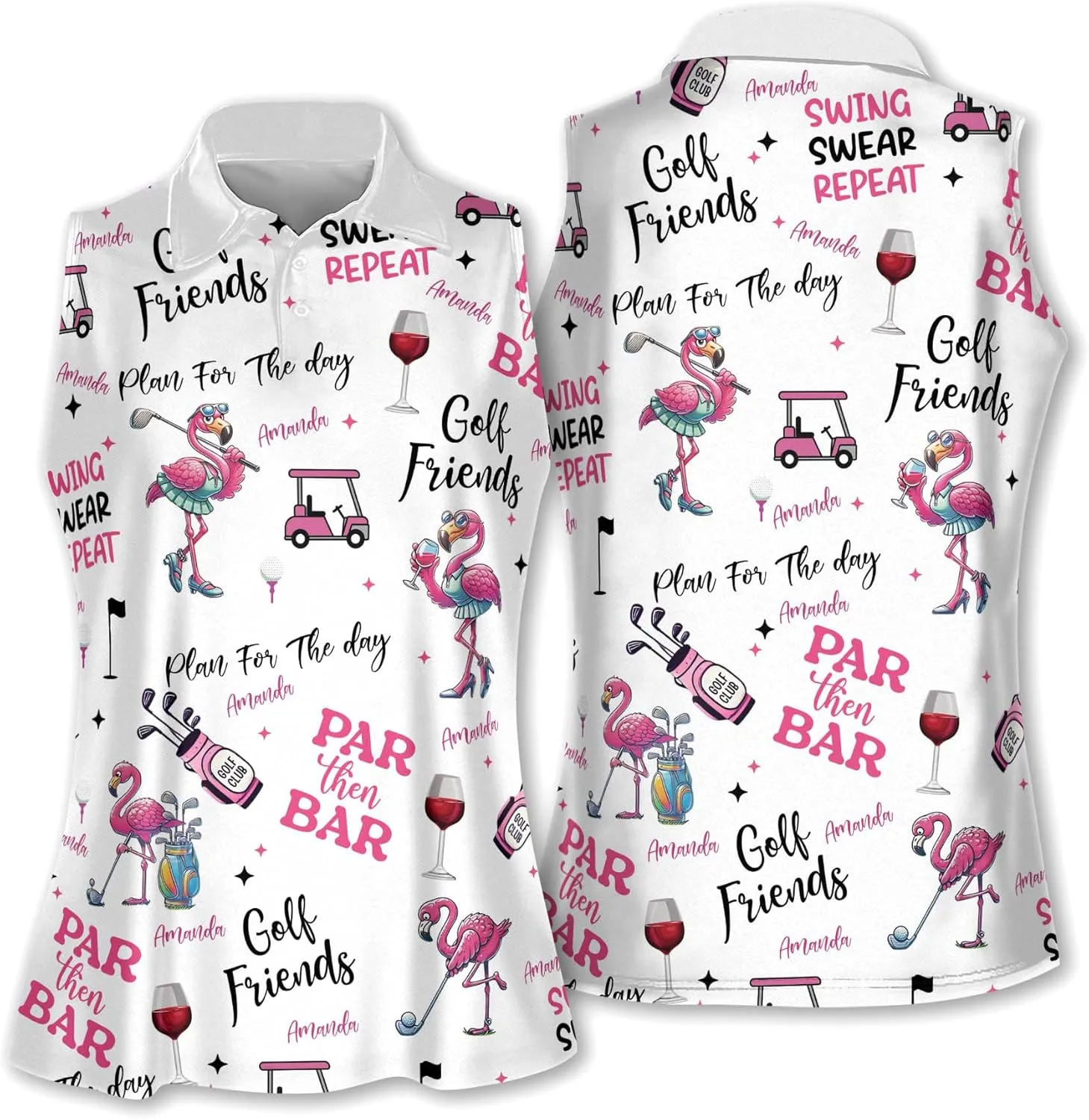 LASFOUR Personalized Funny Golf Shirts for Women Sleeveless. Funny Ladies Golf Shirts, Flamingo Golf Shirt Women