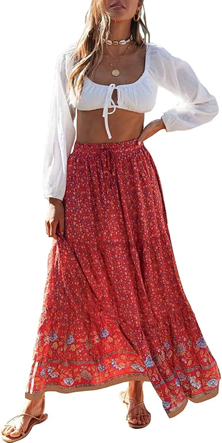 MEROKEETY Women's Boho Floral Print Elastic High Waist Pleated A Line Maxi Skirt