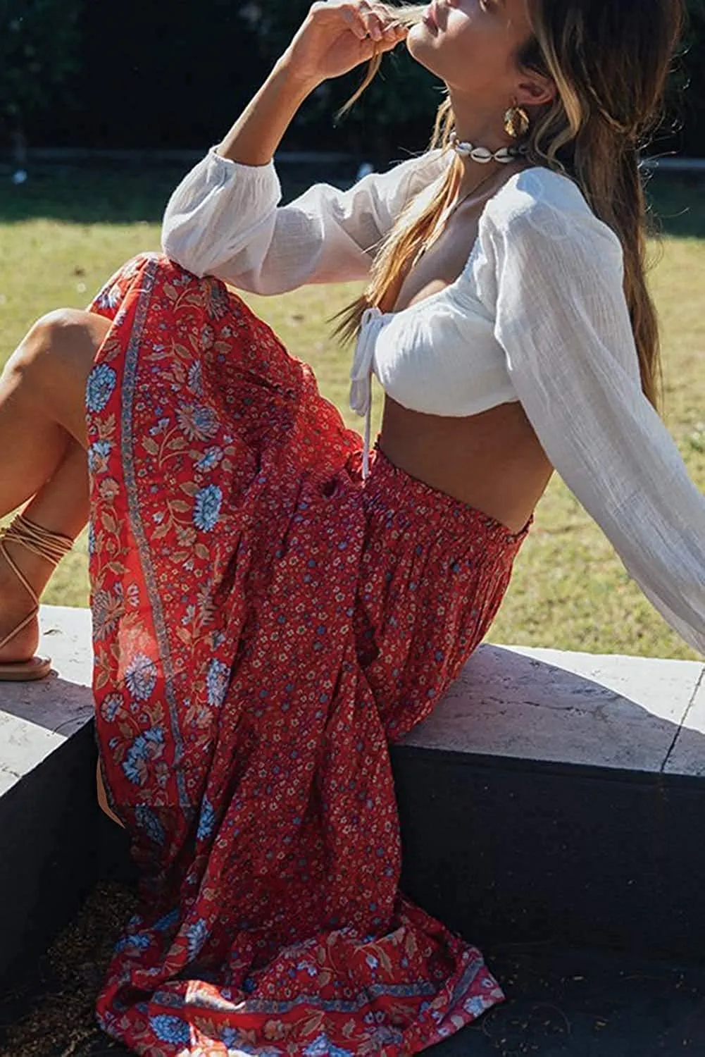 MEROKEETY Women's Boho Floral Print Elastic High Waist Pleated A Line Maxi Skirt