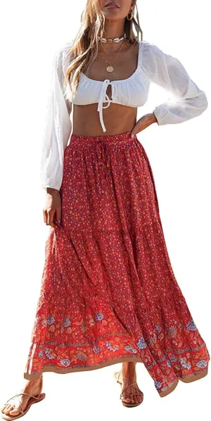 MEROKEETY Women's Boho Floral Print Elastic High Waist Pleated A Line Maxi Skirt