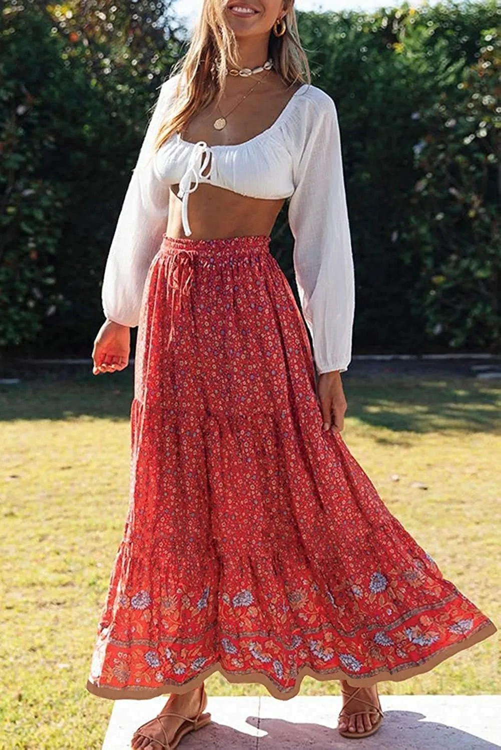 MEROKEETY Women's Boho Floral Print Elastic High Waist Pleated A Line Maxi Skirt