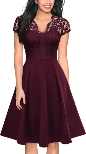 MISSMAY Women's Retro Floral Lace V-Neck Cocktail Party Swing Dress