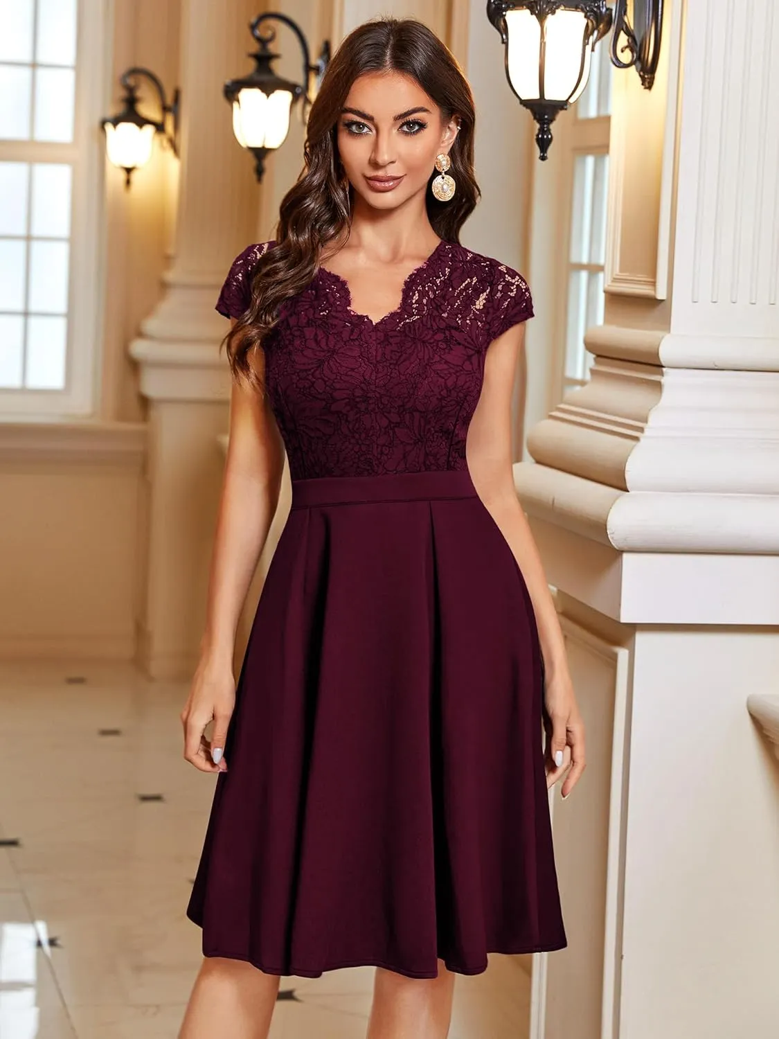 MISSMAY Women's Retro Floral Lace V-Neck Cocktail Party Swing Dress