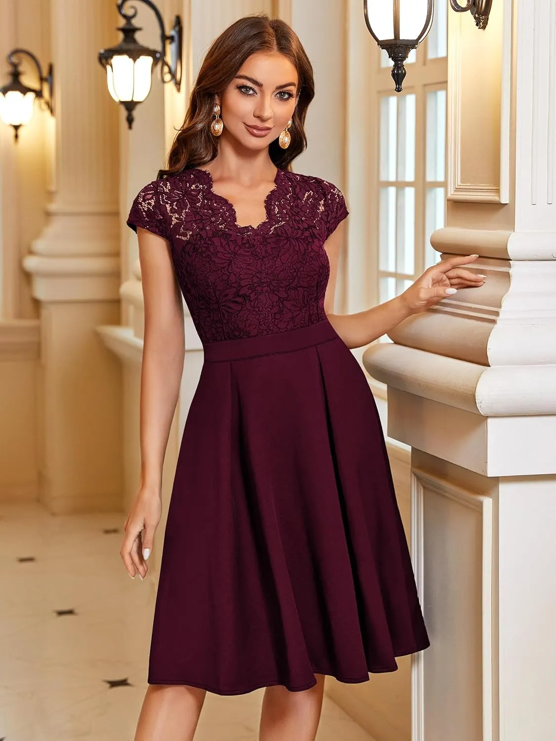MISSMAY Women's Retro Floral Lace V-Neck Cocktail Party Swing Dress