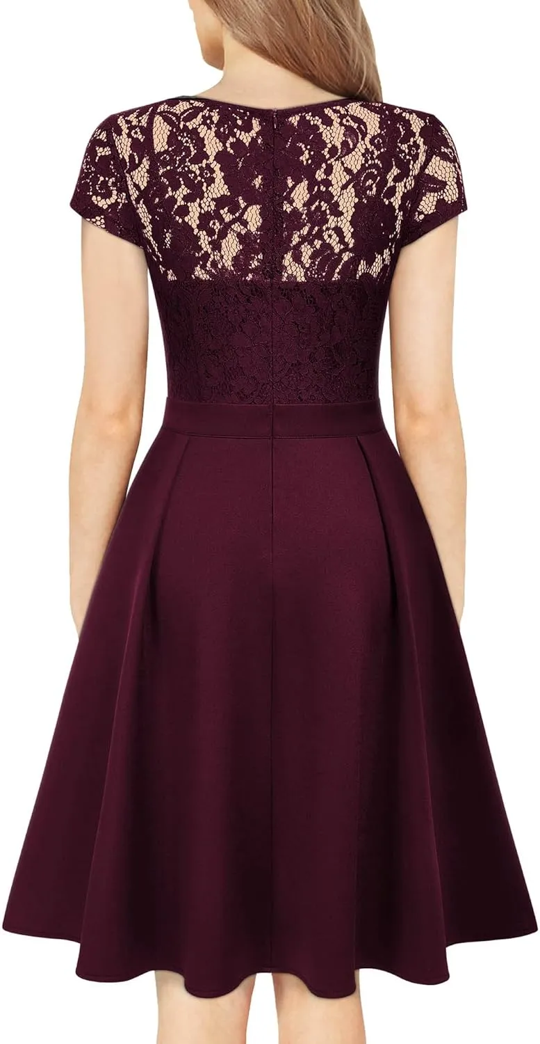MISSMAY Women's Retro Floral Lace V-Neck Cocktail Party Swing Dress