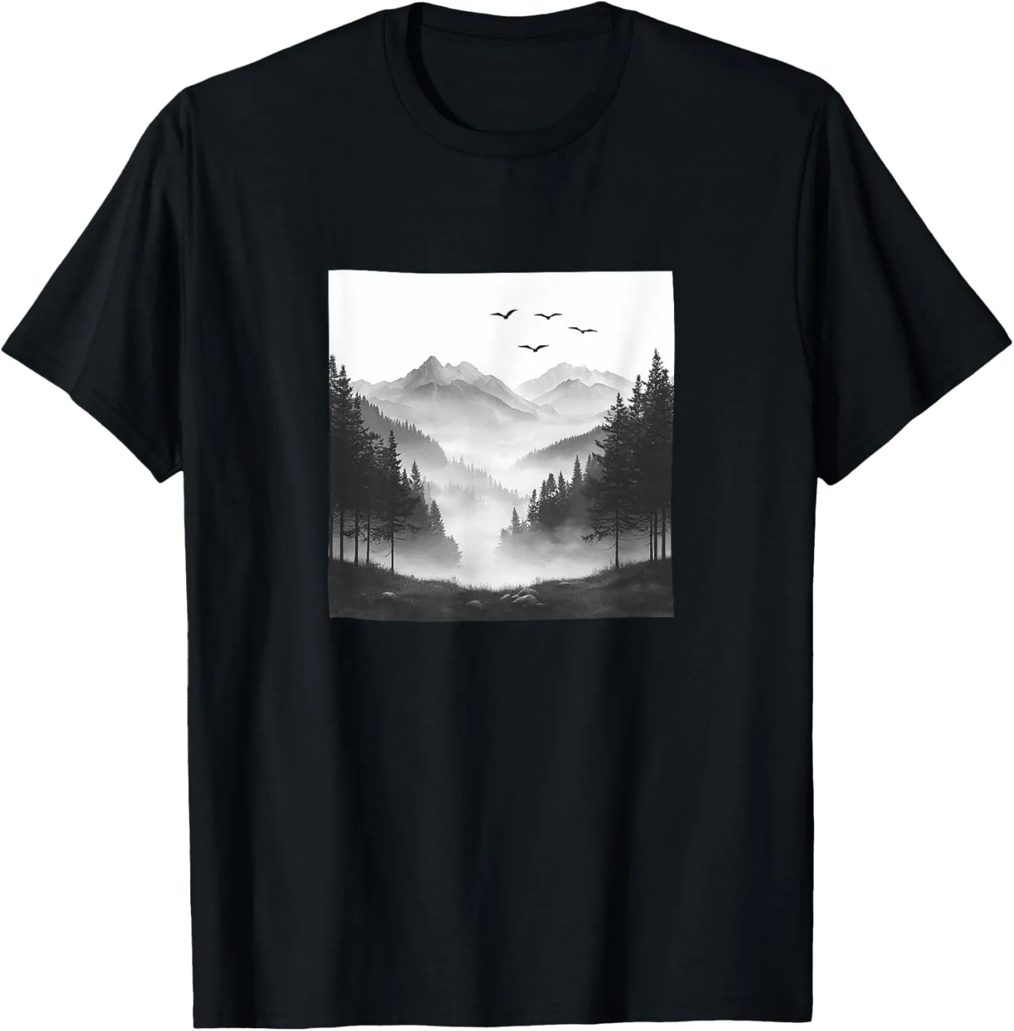Misty Mountain Valley Vintage Landscape Graphic T-Shirt