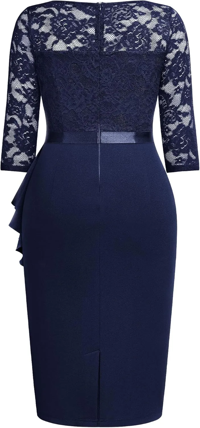 Miusol Women's Plus Size Retro Floral Lace Ruffle V Neck Party Cocktail Dress