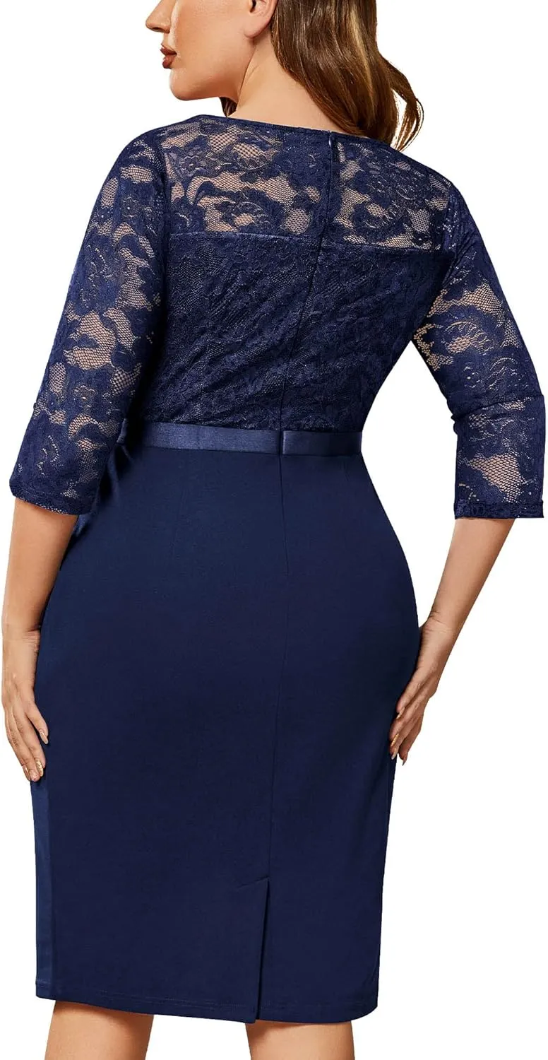 Miusol Women's Plus Size Retro Floral Lace Ruffle V Neck Party Cocktail Dress
