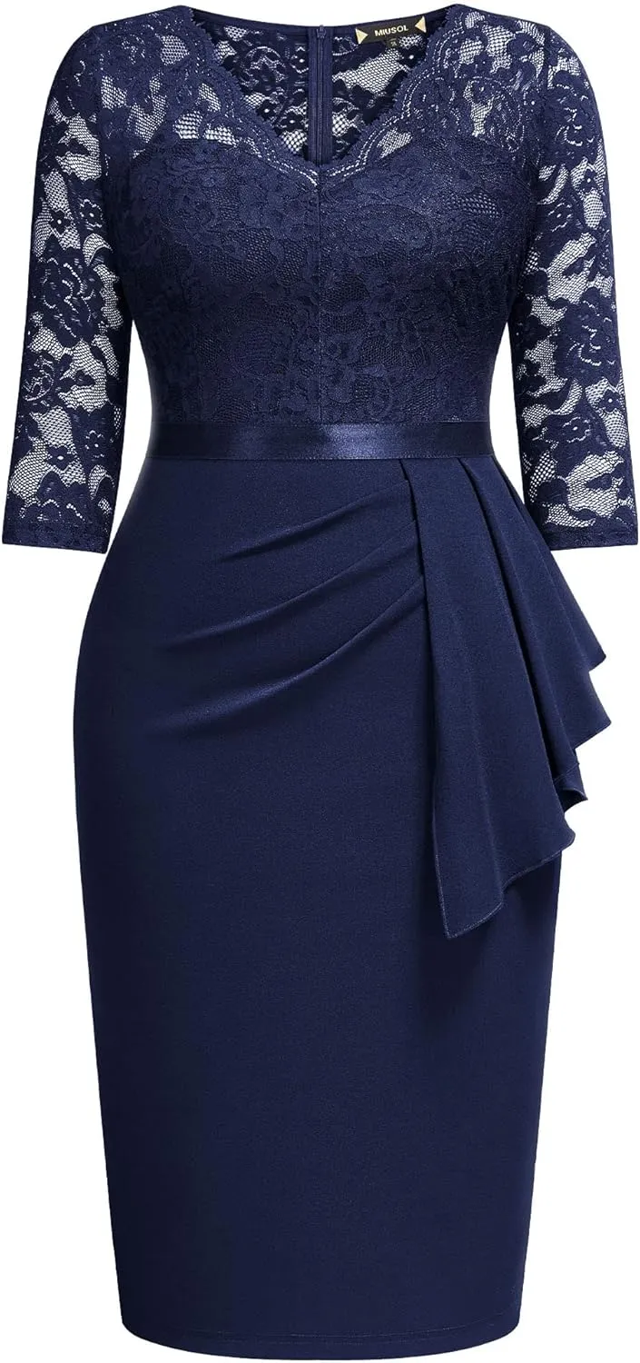 Miusol Women's Plus Size Retro Floral Lace Ruffle V Neck Party Cocktail Dress