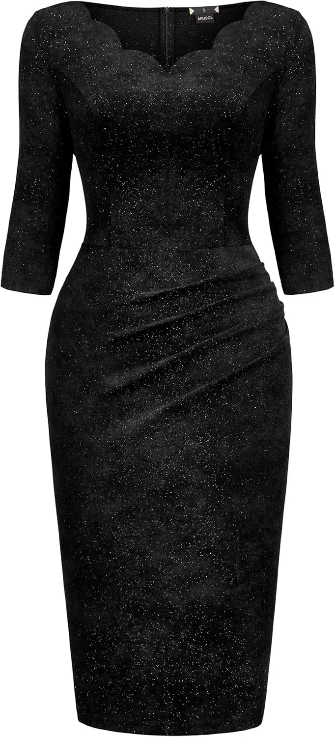 Miusol Women's Retro Ruffle Style 3/4 Sleeve Sparkly Cocktail Dress