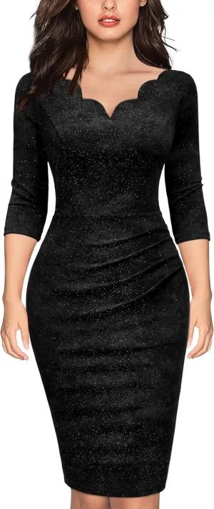 Miusol Women's Retro Ruffle Style 3/4 Sleeve Sparkly Cocktail Dress