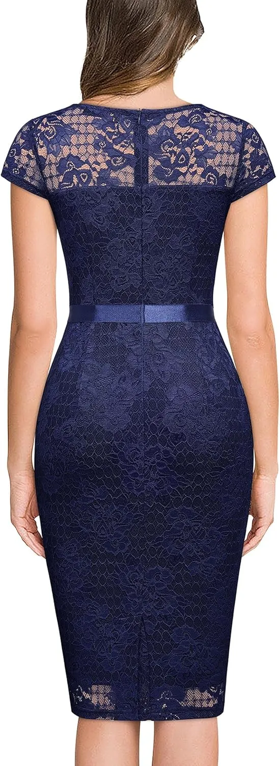 Miusol Women's Retro V Neck Elegant Floral Lace Short Sleeve Cocktail Dress