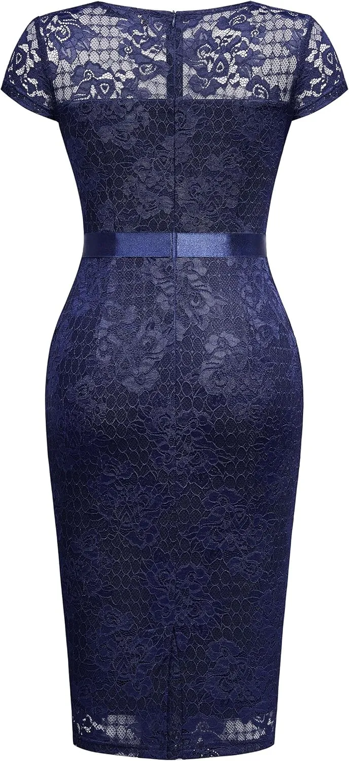 Miusol Women's Retro V Neck Elegant Floral Lace Short Sleeve Cocktail Dress