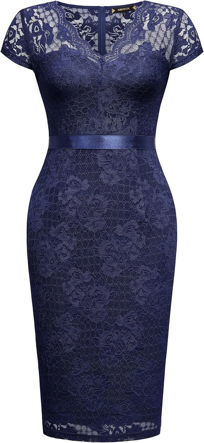 Miusol Women's Retro V Neck Elegant Floral Lace Short Sleeve Cocktail Dress