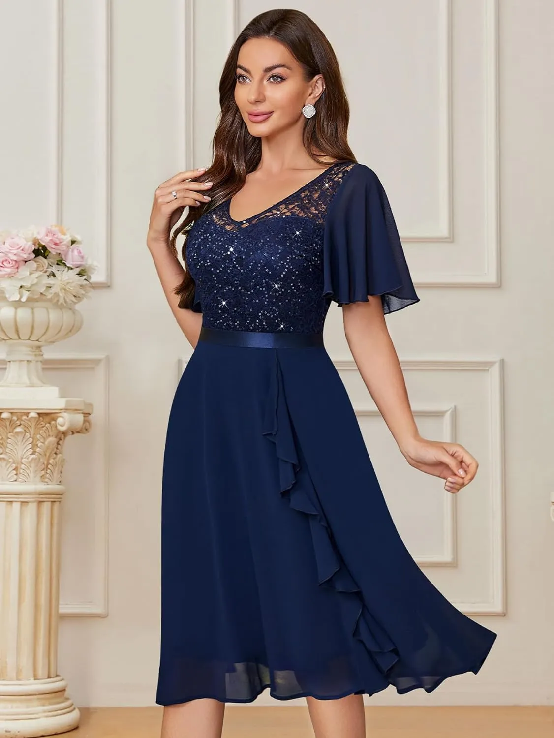 Miusol Women's Sequin Lace V Neck Ruffle Style Cocktail Party Chiffon A-line Dress