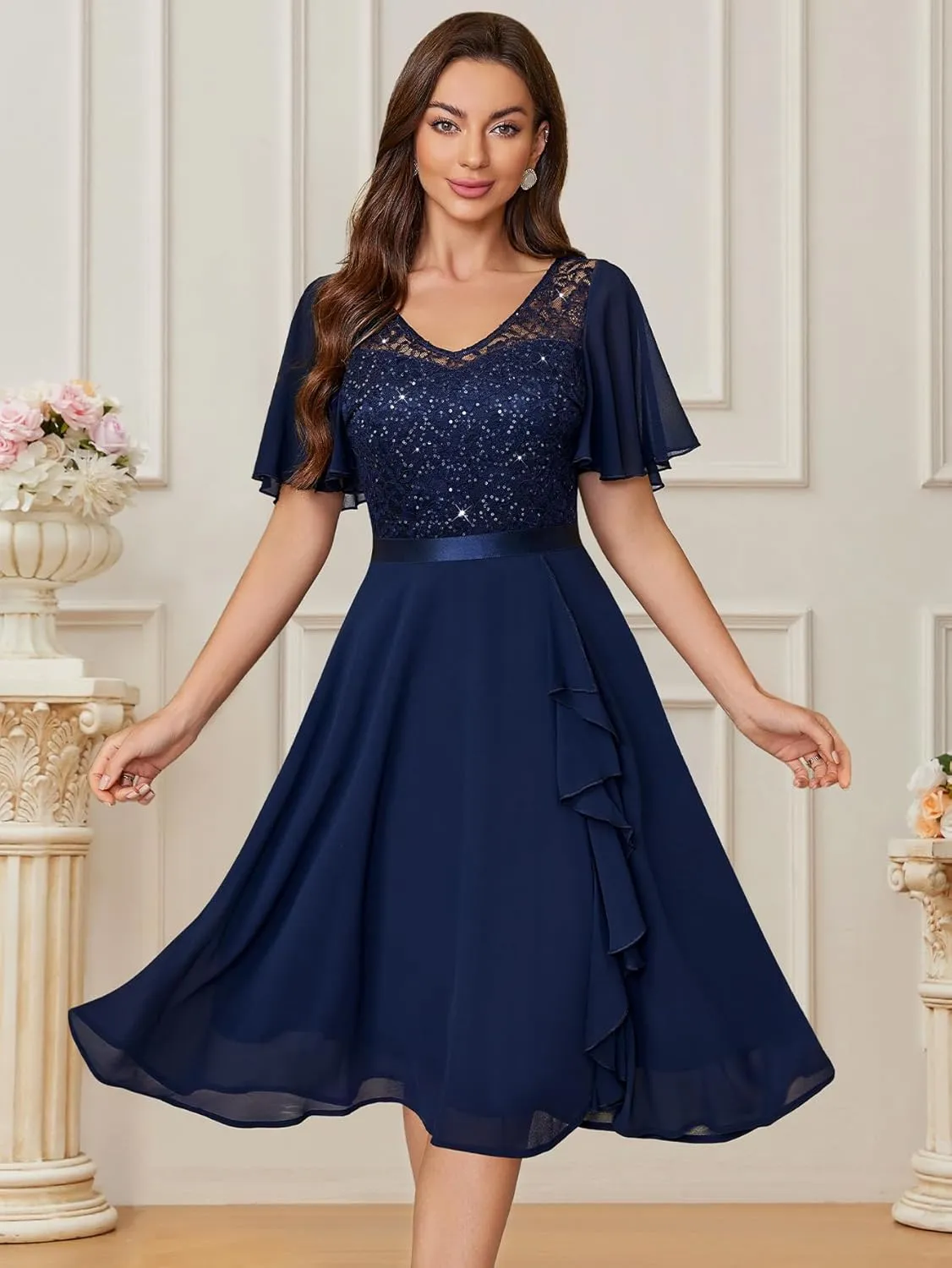 Miusol Women's Sequin Lace V Neck Ruffle Style Cocktail Party Chiffon A-line Dress