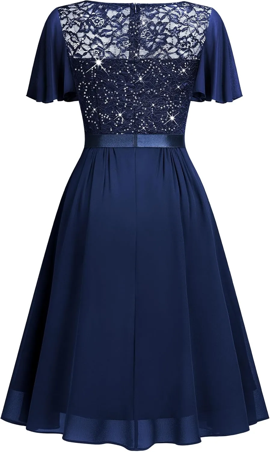 Miusol Women's Sequin Lace V Neck Ruffle Style Cocktail Party Chiffon A-line Dress