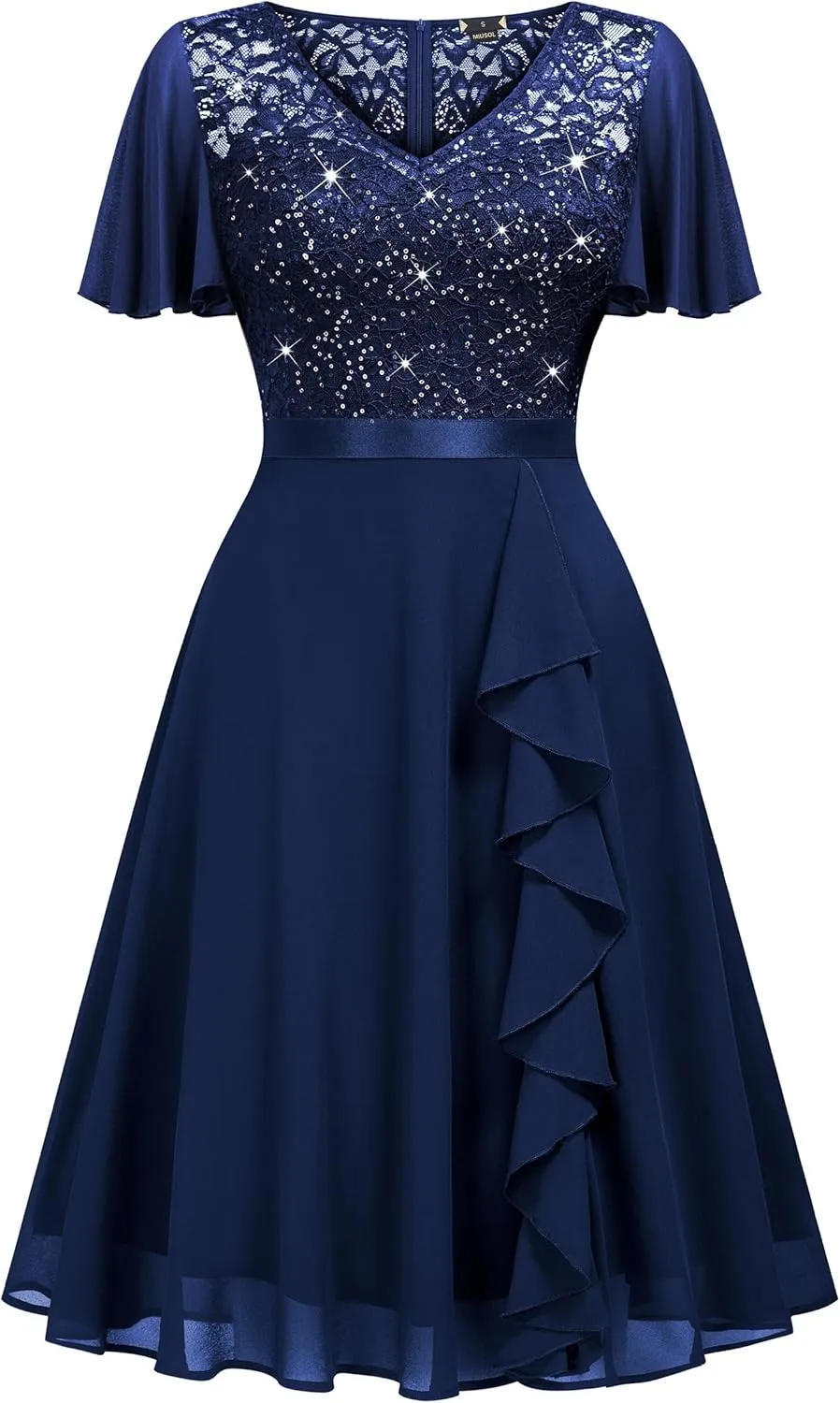 Miusol Women's Sequin Lace V Neck Ruffle Style Cocktail Party Chiffon A-line Dress