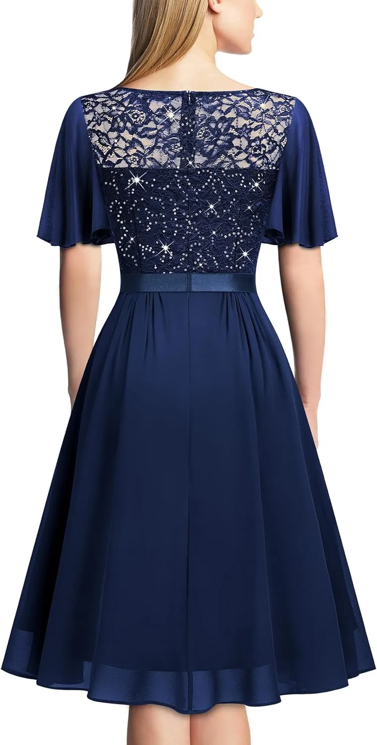 Miusol Women's Sequin Lace V Neck Ruffle Style Cocktail Party Chiffon A-line Dress